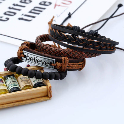 Vintage Cowhide Men's Bracelet Set Braided Leather Bracelets