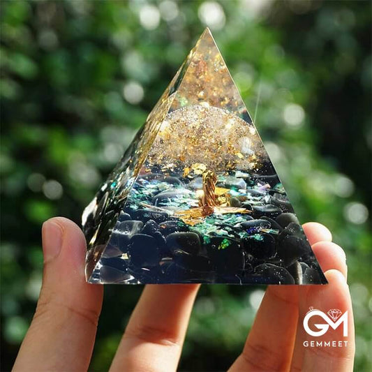 Obsidian with Clear Crystal Tree Of Life Orgone Pyramid