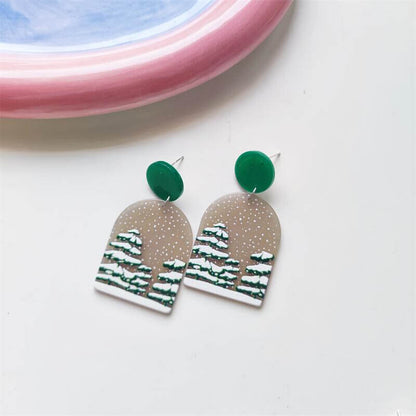 Christmas Vintage Embossed Print Holiday Acrylic Earrings Elk Snowman Christmas Tree