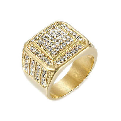 New Hip-Hop Ring Titanium Steel Vacuum Gold-plated Luxury Fully Inlaid Synthetic Cubic Zirconia HIPHOP Men's Ring