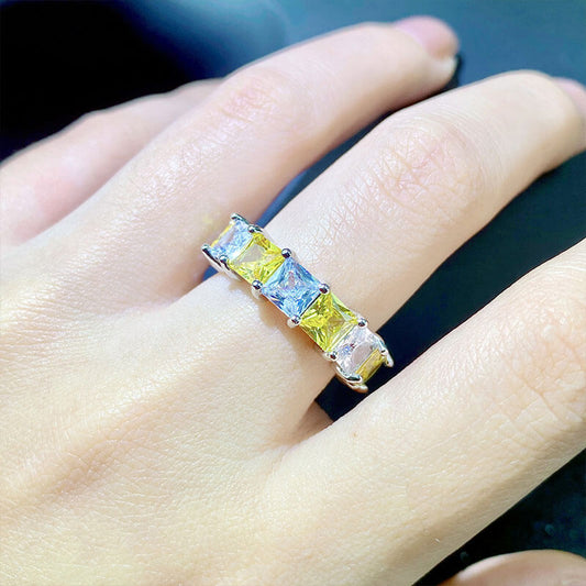 Luxurious Princess Solitaire Row Ring Yellow Gemstone Brilliant Super Flash Zircon Color Gemstone Ring