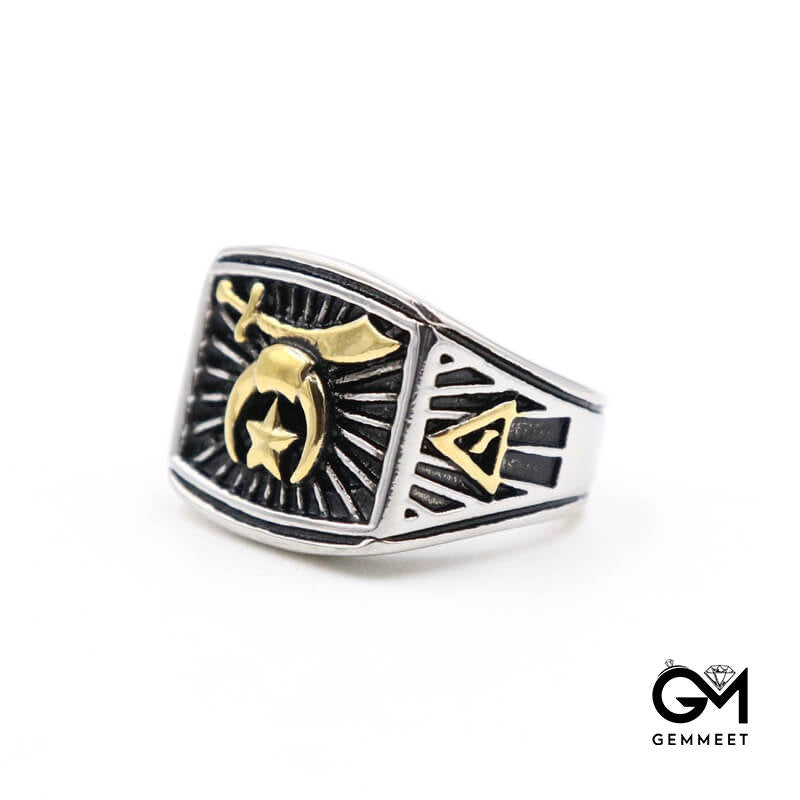 Stainless Steel Masonic Scythe Moon Star Ring