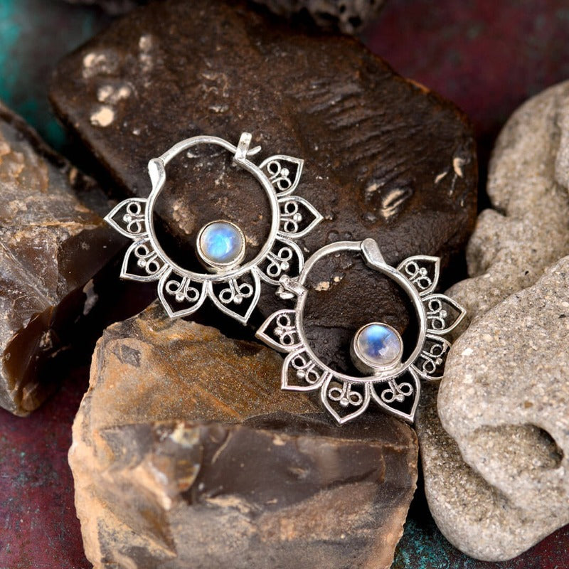 Presale: Boho Hollow Flower Moonstone Hoop Earrings