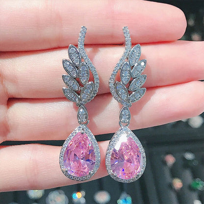 Light Luxury Romantic Argyle Powder Morganite Earrings Micro-inlaid Water Drop Powder Diamond Wing Earrings for Women