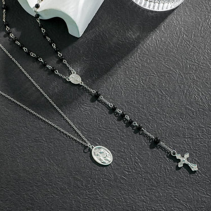 Obsidian Beaded Holy Medal Cross Pendant Rosary Necklace