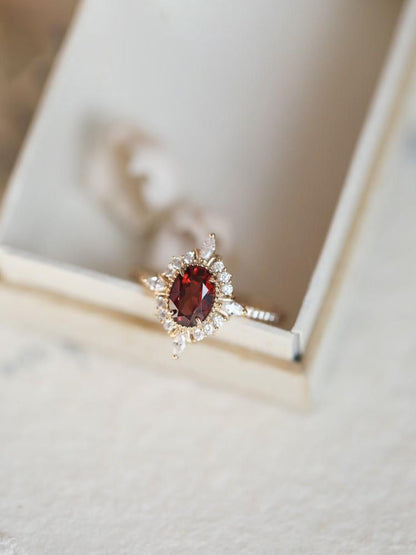 S925 Oval Ruby Halo Stones Ring