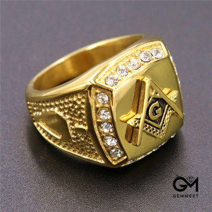 Gold Stainless Steel Crushed Zircon AG Masonic Ring