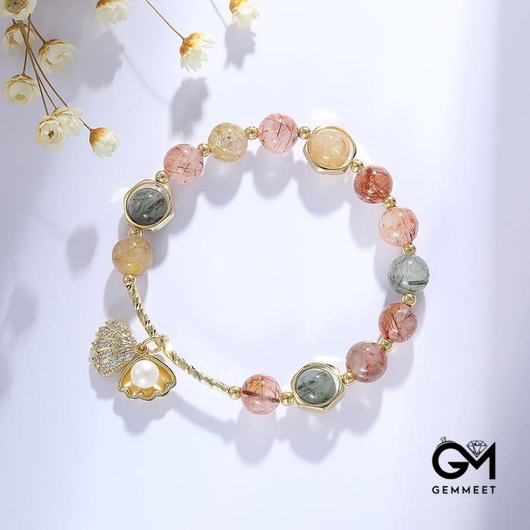 Colorful Rutilated Quartz Beaded Shell Pendant Bracelet