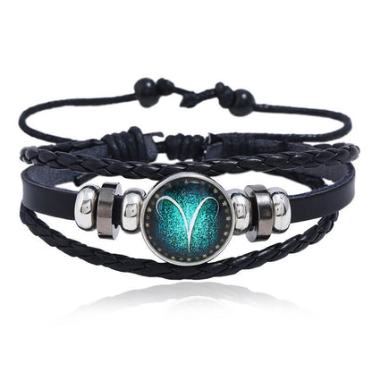 Luminous Twelve Constellation Couple Cowhide Bracelet Multi-Layer Braided Starry Sky Leather Bracelet