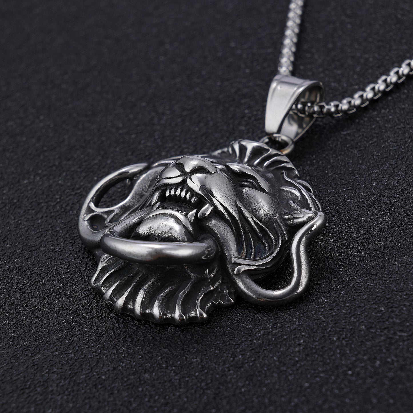 Stainless Steel Ring Large Lion Head Pendant Necklace