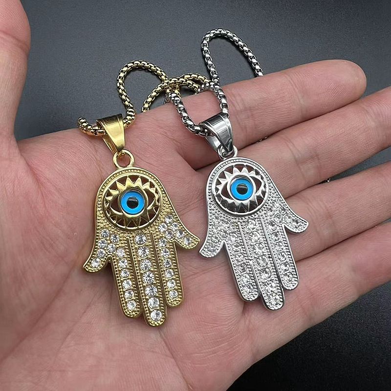 Hiphop Gold Plated Zircon Blue Eyes Hand of Fatima Pendant