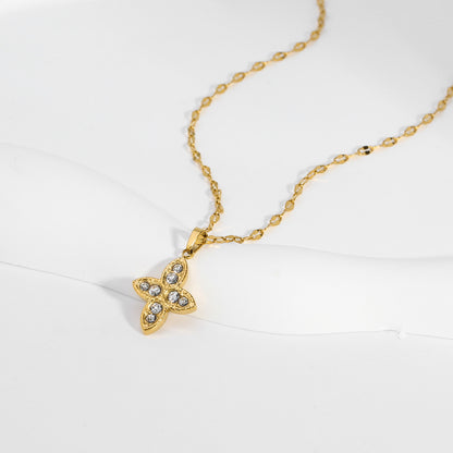 Golden 4 Leaf-clover Shape Full Stone Pendant Necklace