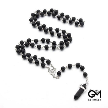 Obsidian Christianity Crystal Hexagon Pendant Rosary Necklace