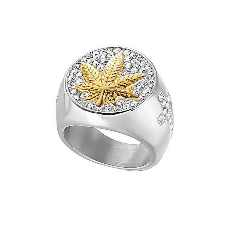 HIPHOP Titanium Steel Gold Maple Leaf Cubic Zirconia Cross Men's Ring