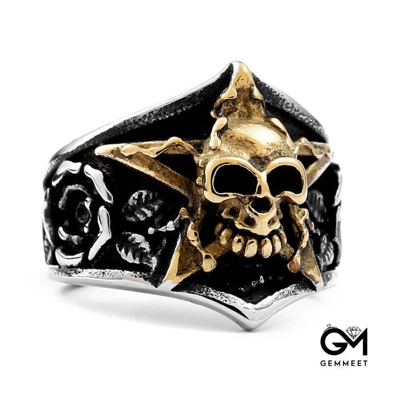 Vintage Rose Pentagram Skull Ring