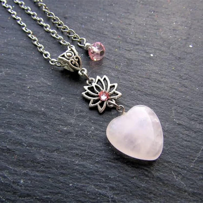 Love" Rose Quartz Heart Shape Lotus Necklace