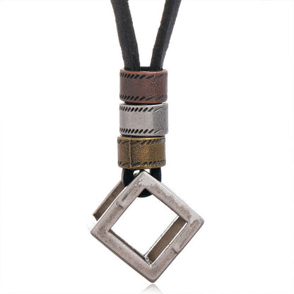 Vintage Hollow Square Frame Leather Adjustable Necklace