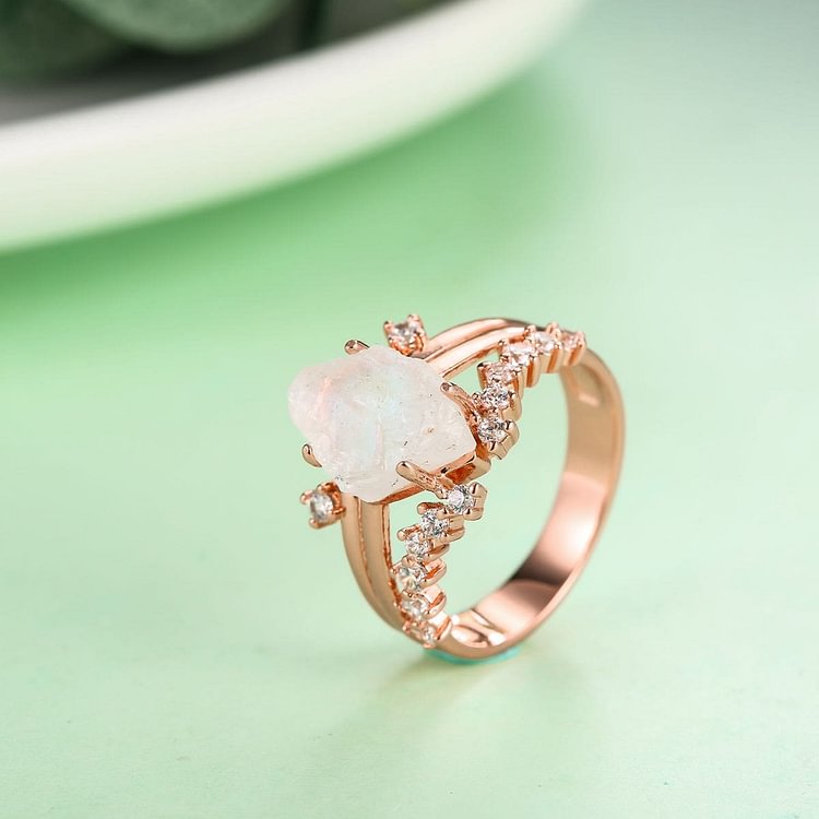 Irregular Moonstone White Zircon Rose Gold Ring