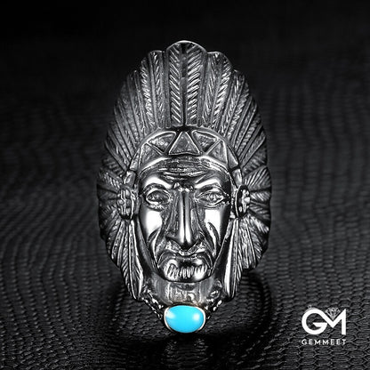 Titanium Steel Indian Chief Feather Turquoise Ring