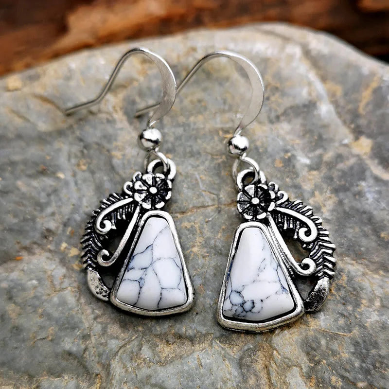 White Turquoise Silver Carved Feather Earrings