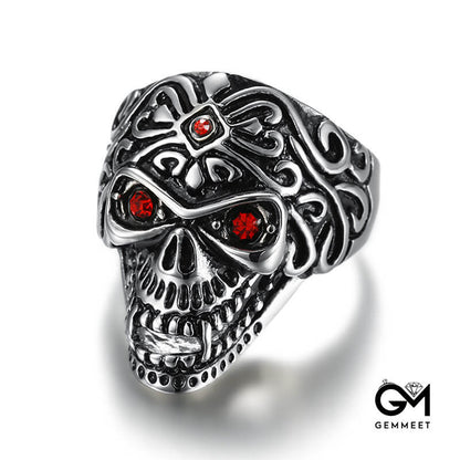 Stainless Steel Skull Red Zircon Eye Ring