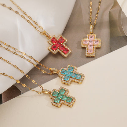 Cute Color Stones Halo Cross Pendant Necklace