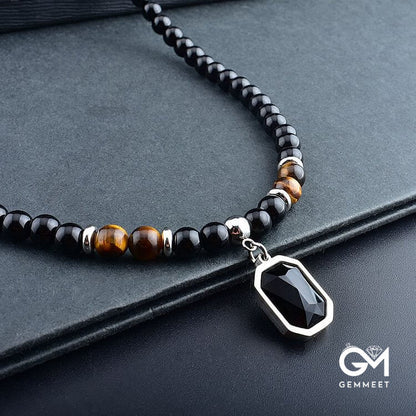 Tiger Eye Obsidian Beaded Men Titanium Steel Necklace