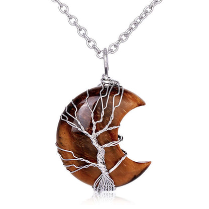 Natural Quartz Crystal Moon Tree Of Life Healing Energy Necklace Pendant