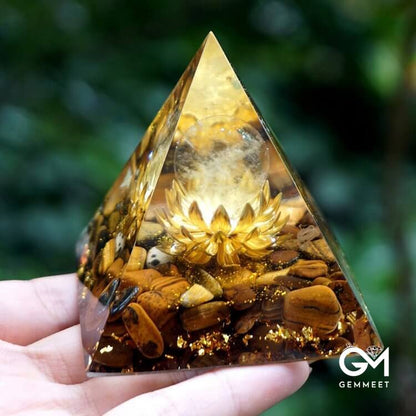 Clear Crystal Tiger Eye Lotus Symbol Orgone Pyramid