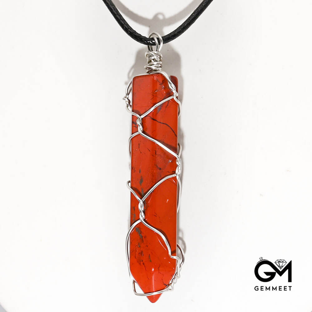 Red Jasper Hexagon Column Wrapped Pendant Necklace