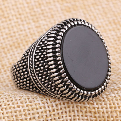 Vintage Stainless Steel Black Stone Ring for Men