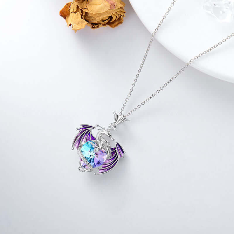 Dragon With Heart Shaped Crystal Necklace