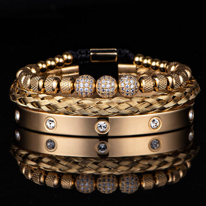 3 Pcs Luxury Micro Pave Round Bead Charm Golden Bracelet