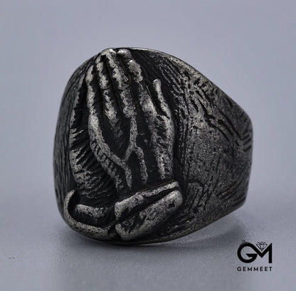 Stainless Steel Clasped Hands To Worship Buddha Ring