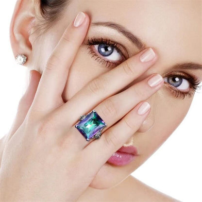 Seven-color Topaz Square Diamond Creative Personality Inlaid Rainbow Gemstone Ring