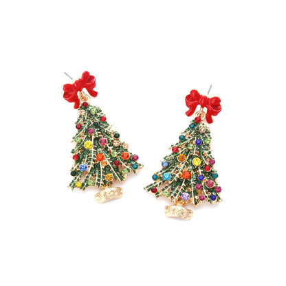 Christmas Earrings Alloy Drip Oil Bow Knot Christmas Tree Inlaid Color Zircon Earrings