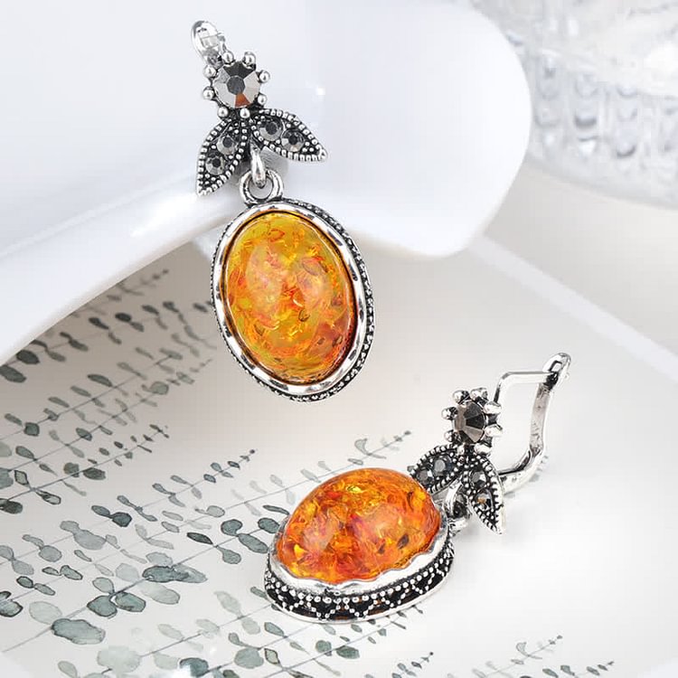 Retro Floral Silver Amber Earrings