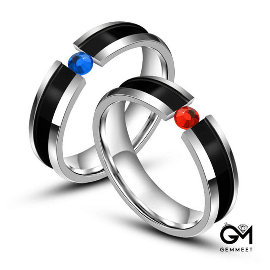 Titanium Steel Red Blue Zircon Couple Ring