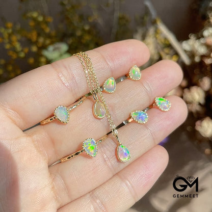 Temperament Opal Ring Earrings Drop Shape Pendant Necklace