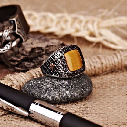 Metal Engraved Tiger Eye Men's Ring