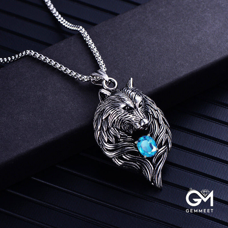 Titanium Steel Red Blue Zircon Wolf Head Necklace