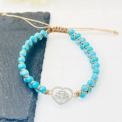 Turquoise Peach Heart Tree Of Life Palms Hand-Woven Bracelet