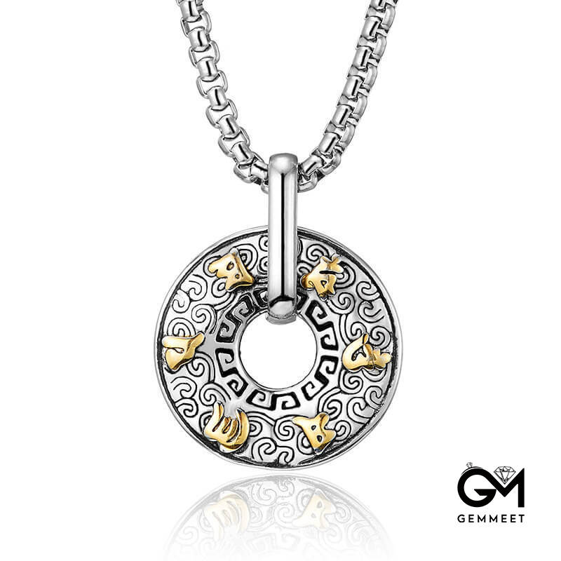 Titanium Steel Six Word Circle Pendant Necklace