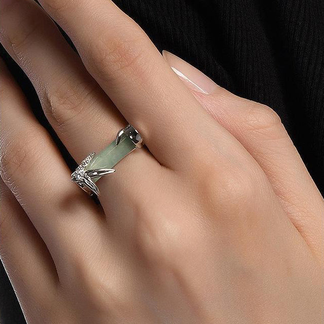 French Bamboo Leaf And Jade Open Ring