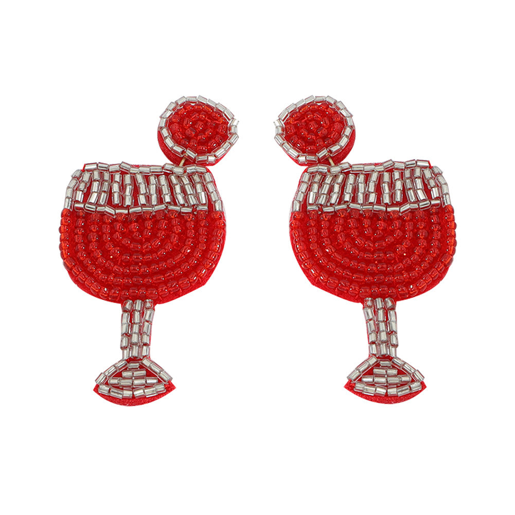 Handmade Design Rice Beads Braided Champagne Glass Earrings