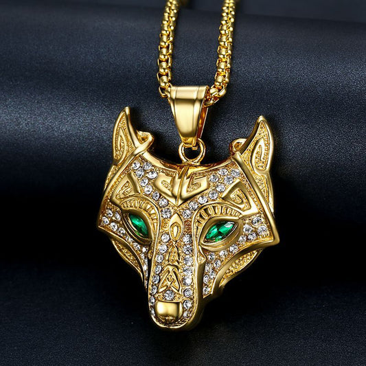 Hip Hop Jewelry Viking Wolf Head Gold Plated Zircon Pendant