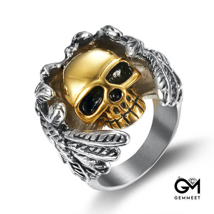 Titanium Steel Gold Skull Wing Ring