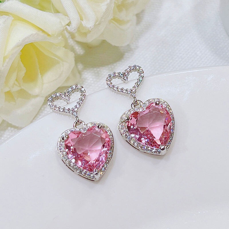 Light Luxury Love Temperament Earrings Sweet Pink Zircon Heart-shaped Earrings