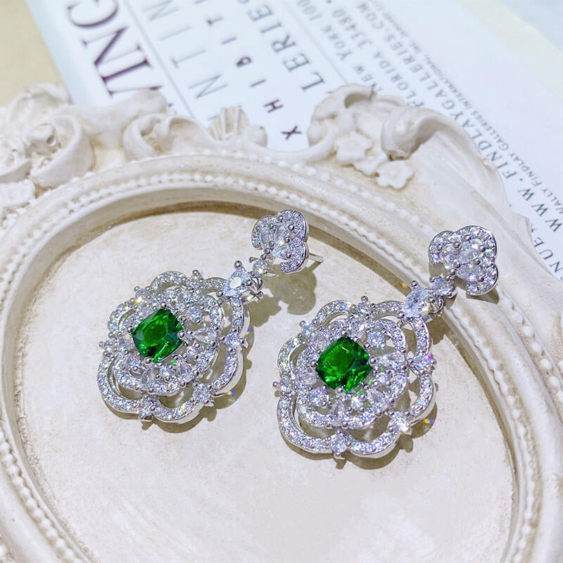 Flower Fairy Earrings Micro-studded Diamond Retro Court Style Emerald Long Earrings