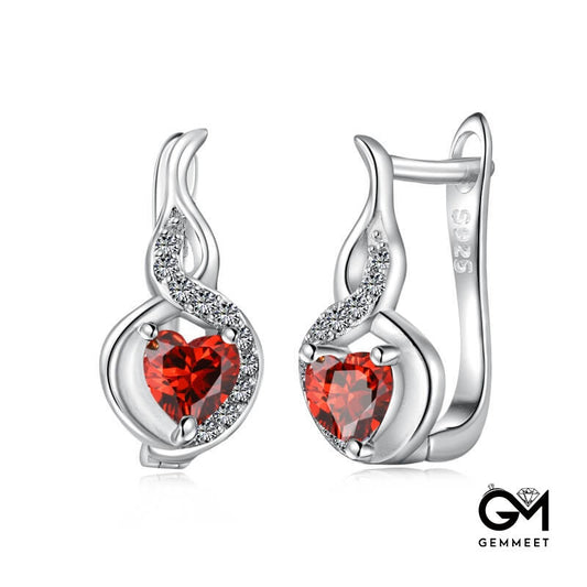 S925 Sterling Silver Red Heart White Round Zircon Earrings